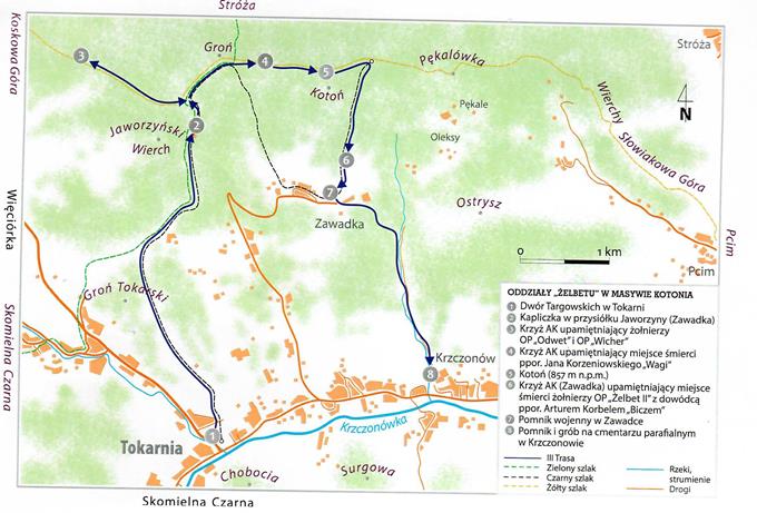 Mapa trasy śladami Oddziału Żelbet w Masywie Kotonia