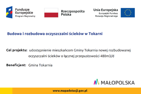 tablica informacyjna projektu Budowa oraz robudowa oczyszczalni ścieków w Tokarni