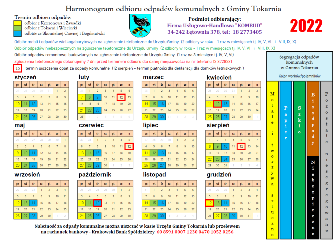 harmonogram odbioru odpadów na 2022