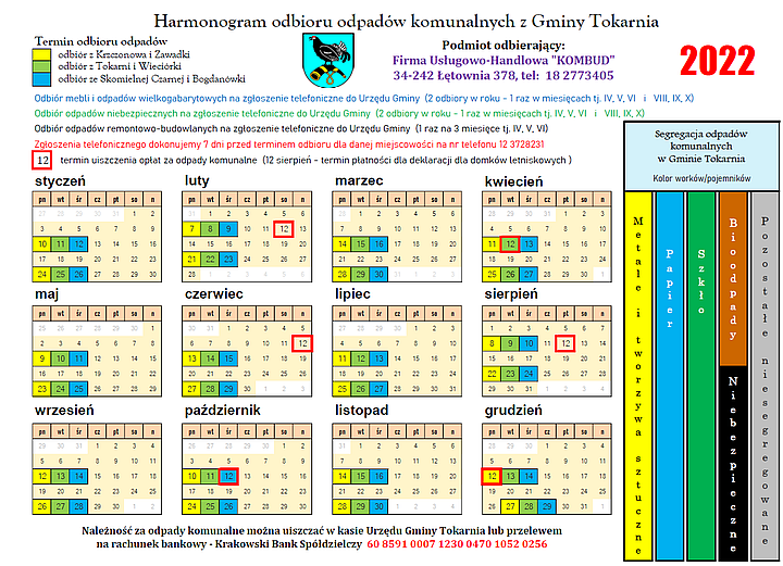 Harmonogram odbioru odpadów w 2022 roku