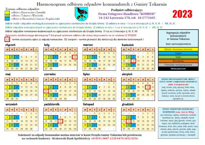 Harmonogram odbioru odpadów na 2023 rok