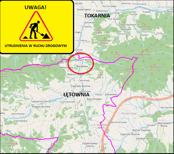 ilustracja utrudnienia na drodze powiatowej w Łętowni